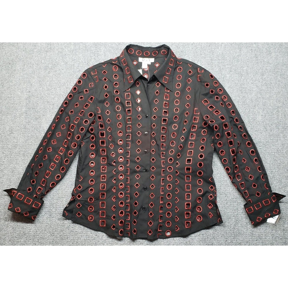 D & Y Button Up Top Womens Size XL Black Red Cotton Long Sleeve New